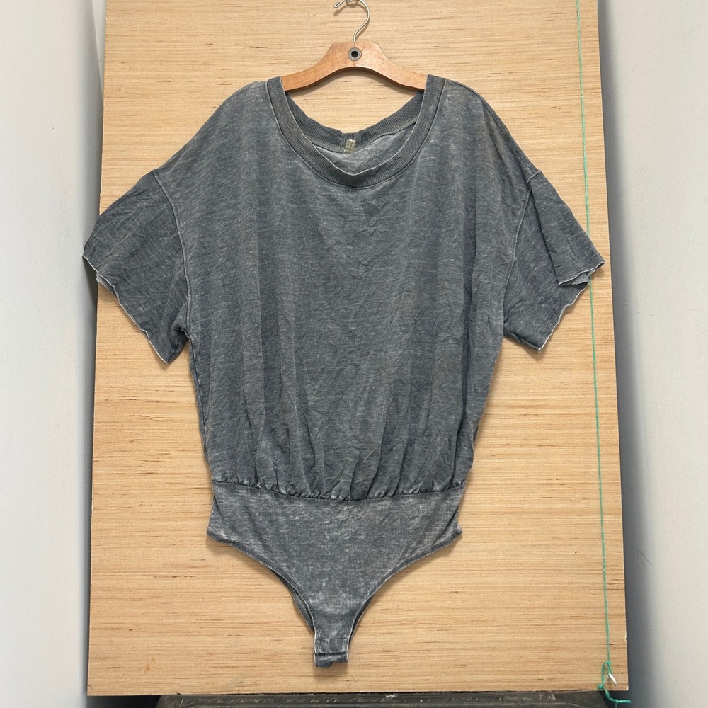 Free People Intimately Gray Acid Wash Dolman Blouson Bodysuit Medium 7644